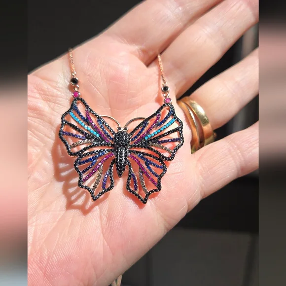 Gemstone Natural Sterling & Rosegold Butterfly Adjustable Necklace - Picture 10 of 12